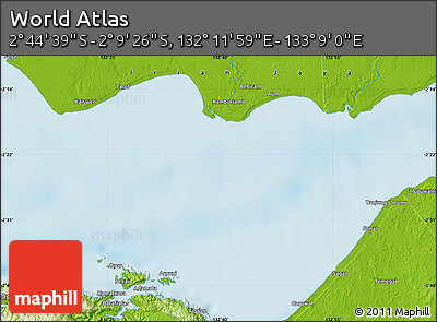 Physical Map of the Area around 2° 27' 3" S, 132° 40' 30" E