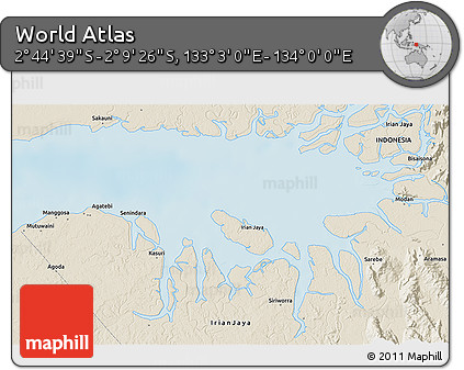 Shaded Relief 3D Map of the Area around 2° 27' 3" S, 133° 31' 30" E
