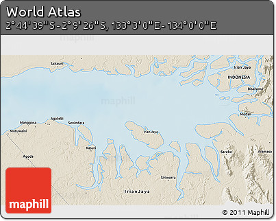 Shaded Relief 3D Map of the Area around 2° 27' 3" S, 133° 31' 30" E