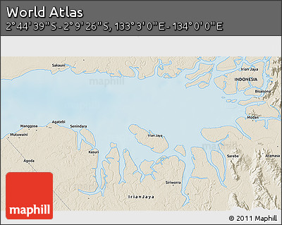 Shaded Relief 3D Map of the Area around 2° 27' 3" S, 133° 31' 30" E