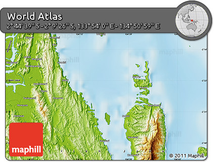 Physical Map of the Area around 2° 27' 3" S, 134° 22' 30" E