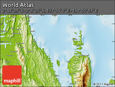 Physical Map of the Area around 2° 27' 3" S, 134° 22' 30" E