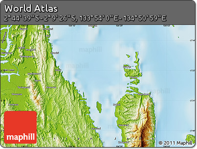 Physical Map of the Area around 2° 27' 3" S, 134° 22' 30" E