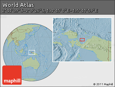 Savanna Style Location Map of the Area around 2° 27' 3" S, 135° 13' 29" E, hill shading