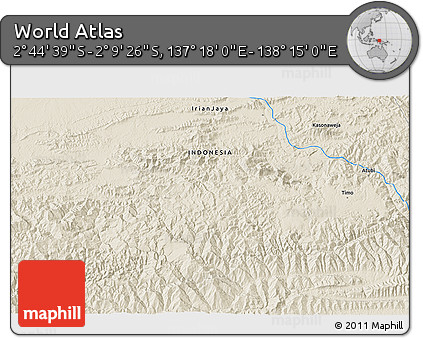 Shaded Relief 3D Map of the Area around 2° 27' 3" S, 137° 46' 30" E
