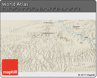 Shaded Relief 3D Map of the Area around 2° 27' 3" S, 137° 46' 30" E