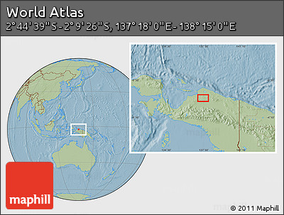 Savanna Style Location Map of the Area around 2° 27' 3" S, 137° 46' 30" E, hill shading