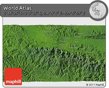 Satellite 3D Map of the Area around 2° 27' 3" S, 138° 37' 30" E