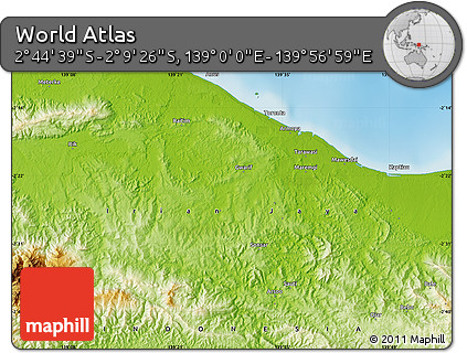 Physical Map of the Area around 2° 27' 3" S, 139° 28' 29" E