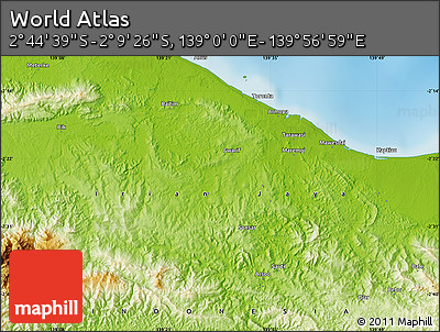 Physical Map of the Area around 2° 27' 3" S, 139° 28' 29" E