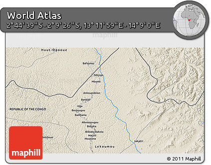 Shaded Relief 3D Map of the Area around 2° 27' 3" S, 13° 40' 30" E