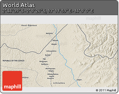 Shaded Relief 3D Map of the Area around 2° 27' 3" S, 13° 40' 30" E