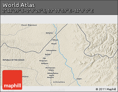 Shaded Relief 3D Map of the Area around 2° 27' 3" S, 13° 40' 30" E
