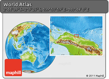 Physical Location Map of the Area around 2° 27' 3" S, 140° 19' 29" E