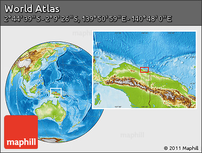 Physical Location Map of the Area around 2° 27' 3" S, 140° 19' 29" E