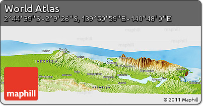 Physical Panoramic Map of the Area around 2° 27' 3" S, 140° 19' 29" E