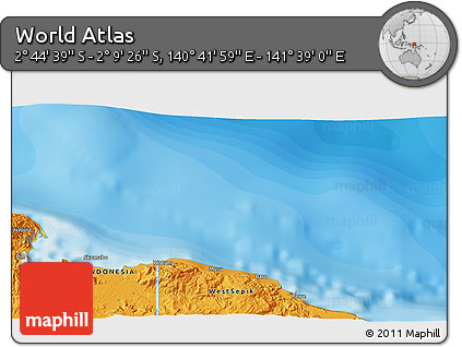 Political 3D Map of the Area around 2° 27' 3" S, 141° 10' 30" E