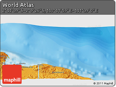 Political 3D Map of the Area around 2° 27' 3" S, 141° 10' 30" E