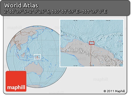 Gray Location Map of the Area around 2° 27' 3" S, 141° 10' 30" E, hill shading