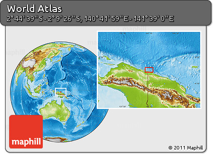 Physical Location Map of the Area around 2° 27' 3" S, 141° 10' 30" E