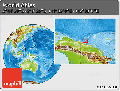 Physical Location Map of the Area around 2° 27' 3" S, 142° 1' 30" E