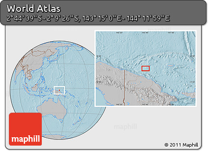Gray Location Map of the Area around 2° 27' 3" S, 143° 43' 29" E, hill shading