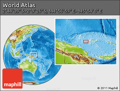 Physical Location Map of the Area around 2° 27' 3" S, 145° 25' 30" E