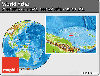 Physical Location Map of the Area around 2° 27' 3" S, 145° 25' 30" E
