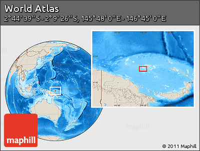 Shaded Relief Location Map of the Area around 2° 27' 3" S, 146° 16' 30" E