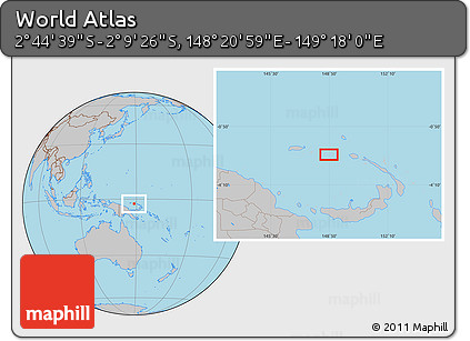 Gray Location Map of the Area around 2° 27' 3" S, 148° 49' 29" E