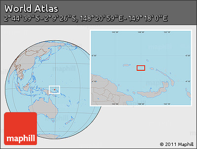Gray Location Map of the Area around 2° 27' 3" S, 148° 49' 29" E