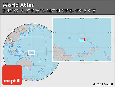 Gray Location Map of the Area around 2° 27' 3" S, 149° 40' 30" E