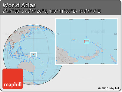 Gray Location Map of the Area around 2° 27' 3" S, 149° 40' 30" E