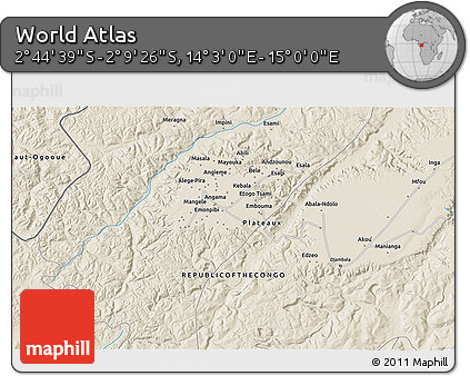 Shaded Relief 3D Map of the Area around 2° 27' 3" S, 14° 31' 30" E