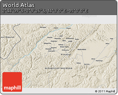 Shaded Relief 3D Map of the Area around 2° 27' 3" S, 14° 31' 30" E