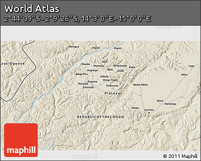 Shaded Relief 3D Map of the Area around 2° 27' 3" S, 14° 31' 30" E