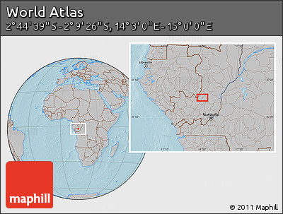 Gray Location Map of the Area around 2° 27' 3" S, 14° 31' 30" E, hill shading