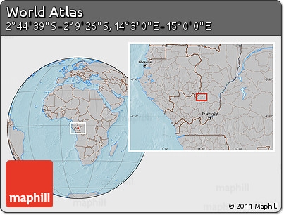 Gray Location Map of the Area around 2° 27' 3" S, 14° 31' 30" E, hill shading
