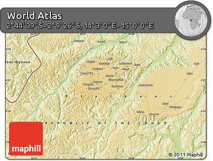 Physical Map of the Area around 2° 27' 3" S, 14° 31' 30" E
