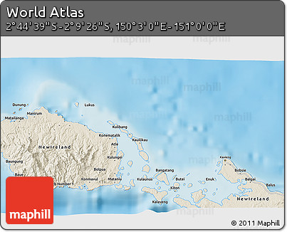 Shaded Relief 3D Map of the Area around 2° 27' 3" S, 150° 31' 30" E