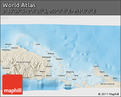 Shaded Relief 3D Map of the Area around 2° 27' 3" S, 150° 31' 30" E