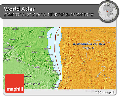 Political 3D Map of the Area around 2° 27' 3" S, 16° 13' 30" E