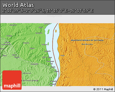 Political 3D Map of the Area around 2° 27' 3" S, 16° 13' 30" E