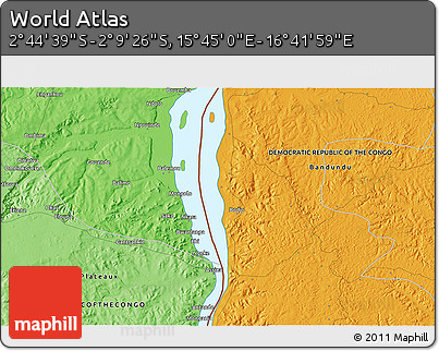 Political 3D Map of the Area around 2° 27' 3" S, 16° 13' 30" E