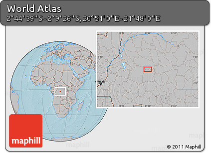 Gray Location Map of the Area around 2° 27' 3" S, 21° 19' 30" E, hill shading