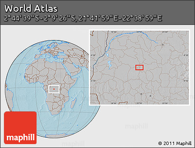 Gray Location Map of the Area around 2° 27' 3" S, 22° 10' 29" E, hill shading