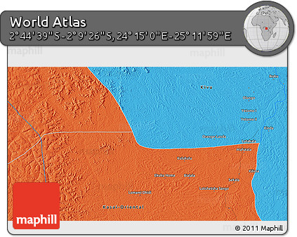 Political 3D Map of the Area around 2° 27' 3" S, 24° 43' 30" E