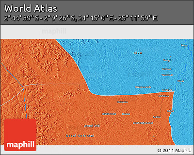 Political 3D Map of the Area around 2° 27' 3" S, 24° 43' 30" E
