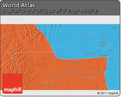 Political 3D Map of the Area around 2° 27' 3" S, 24° 43' 30" E