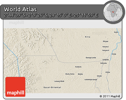 Shaded Relief 3D Map of the Area around 2° 27' 3" S, 24° 43' 30" E